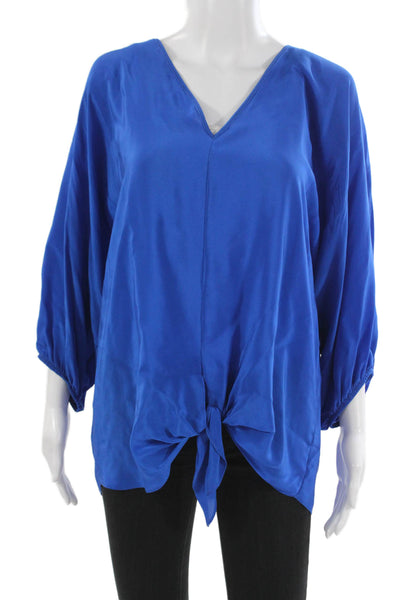 Aum-Couture Womens V-Neck 100% Silk Blue 3/4 Sleeve Blouse Size S