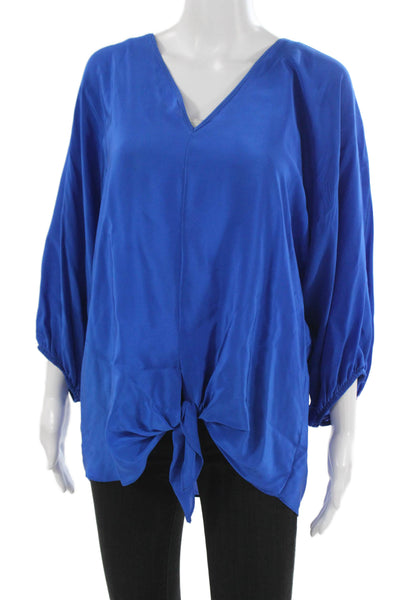 Aum-Couture Womens V-Neck 100% Silk Blue 3/4 Sleeve Blouse Size S