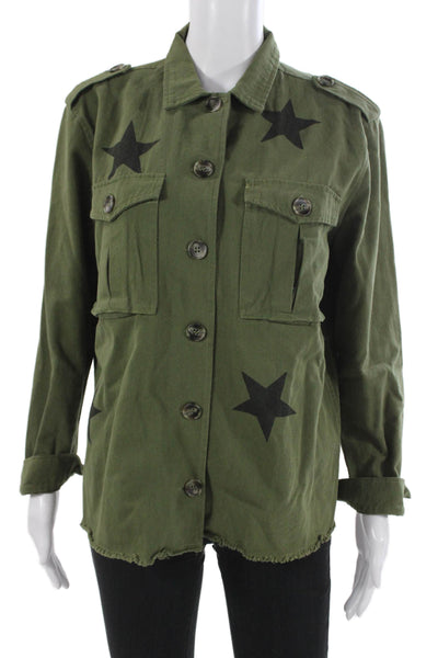 six/fifty Womens Military Jacket Green Cotton Button Graphic Army Size M