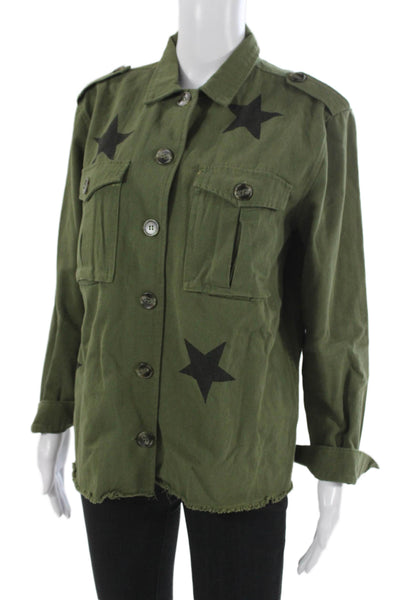 six/fifty Womens Military Jacket Green Cotton Button Graphic Army Size M
