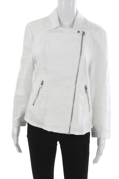 Level 99 Women Biker Jacket White Collared Button Long Sleeve Size L