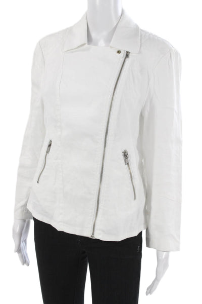 Level 99 Women Biker Jacket White Collared Button Long Sleeve Size L