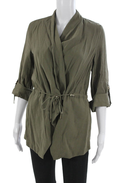Zara Women Military Jacket Green 3/4 Sleeve Drawstring Viscose Size S