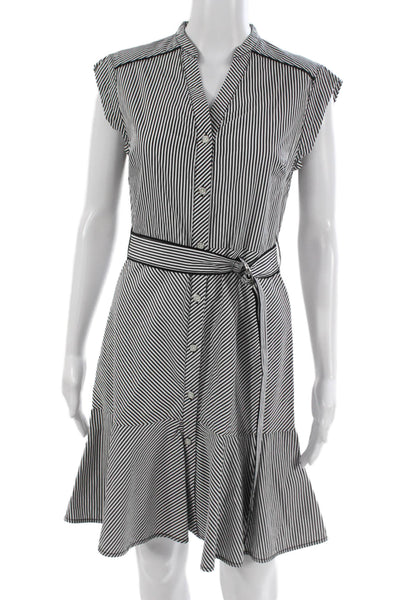 Karen Millen Women Black Striped V Neck Shirt Dress Short Sleeve Size 8