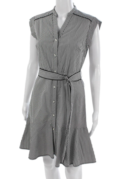 Karen Millen Women Black Striped V Neck Shirt Dress Short Sleeve Size 8