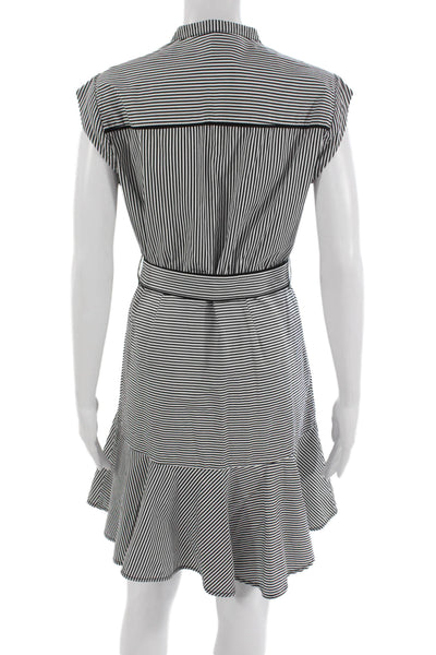 Karen Millen Women Black Striped V Neck Shirt Dress Short Sleeve Size 8