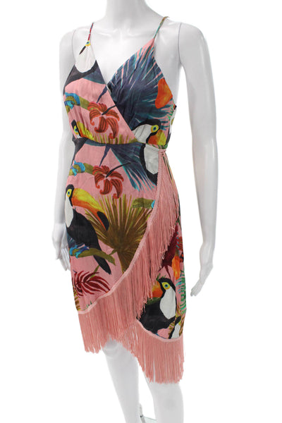 Farm Rio Womens Silk Slip Wrap V-Neck Graphic Pink Dress Size M