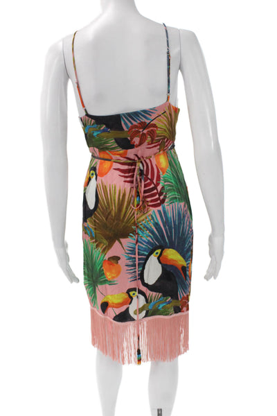 Farm Rio Womens Silk Slip Wrap V-Neck Graphic Pink Dress Size M