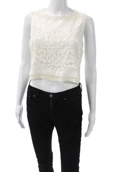 A.L.C. Womens Cropped Floral Sleeveless Blouse White Zip Crew Neck Size L