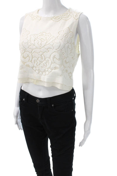A.L.C. Womens Cropped Floral Sleeveless Blouse White Zip Crew Neck Size L