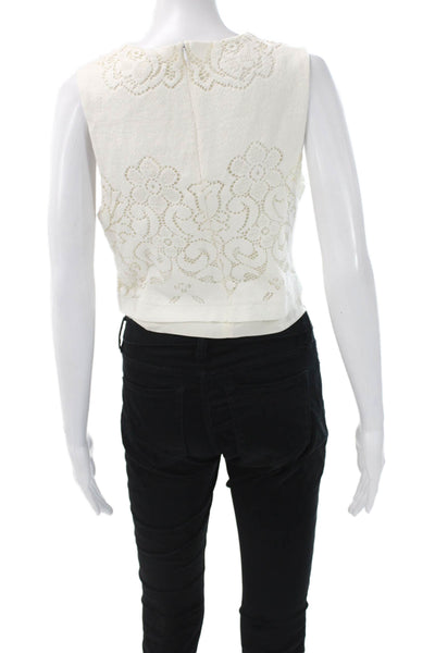 A.L.C. Womens Cropped Floral Sleeveless Blouse White Zip Crew Neck Size L