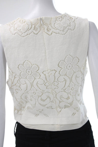 A.L.C. Womens Cropped Floral Sleeveless Blouse White Zip Crew Neck Size L