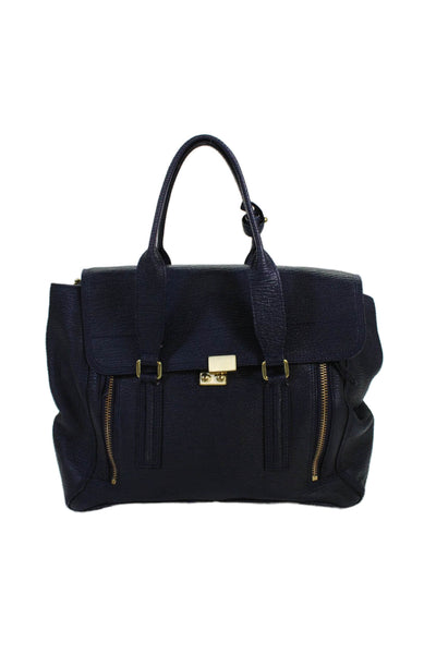 3.1 Phillip Lim Womens Textured Leather Zip Detail Large Satchel Handbag Blue