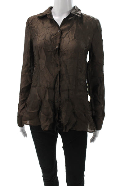 Theory Women Brown Silk Blend Collared Button Up Blouse Long Sleeve Size S