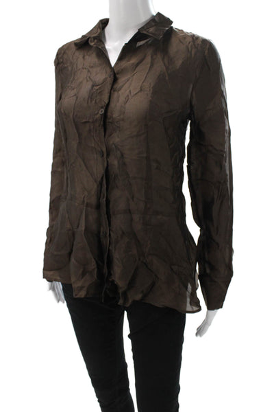 Theory Women Brown Silk Blend Collared Button Up Blouse Long Sleeve Size S