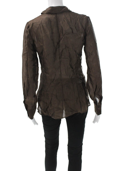 Theory Women Brown Silk Blend Collared Button Up Blouse Long Sleeve Size S