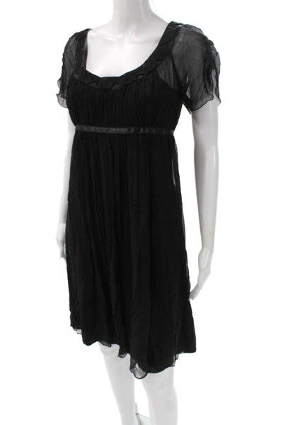 Antonio Melani Womens A-Line Silk Dress Black Square Neck Short Sleeve Size 2