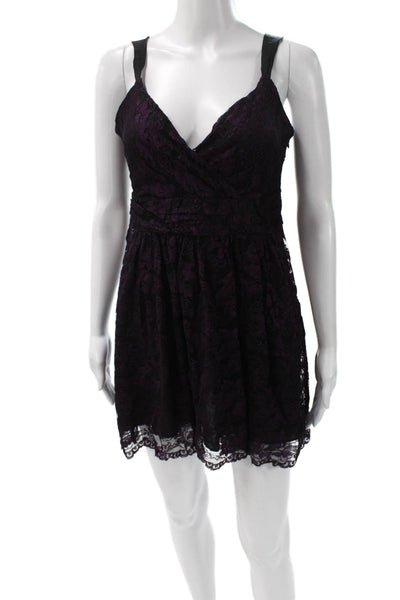 DKNYC Women Fit & Flare Mini Purple V Neck Sleeveless Dress Zip Size S
