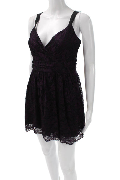 DKNYC Women Fit & Flare Mini Purple V Neck Sleeveless Dress Zip Size S