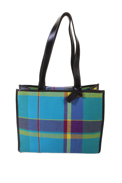 Lauren by Ralph Lauren Womens Double Handle Canvas Plaid Tote Handbag Blue Multi