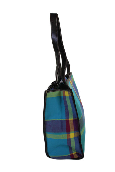 Lauren by Ralph Lauren Womens Double Handle Canvas Plaid Tote Handbag Blue Multi