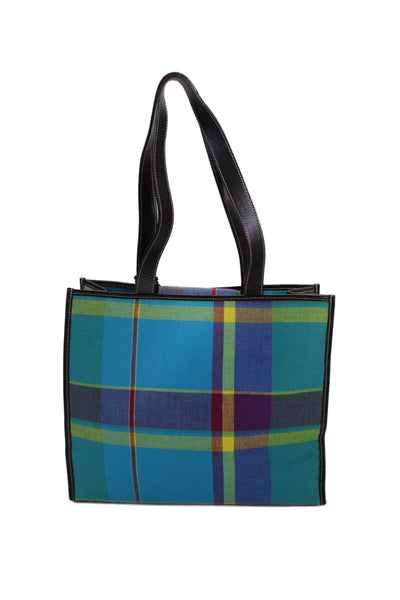 Lauren by Ralph Lauren Womens Double Handle Canvas Plaid Tote Handbag Blue Multi