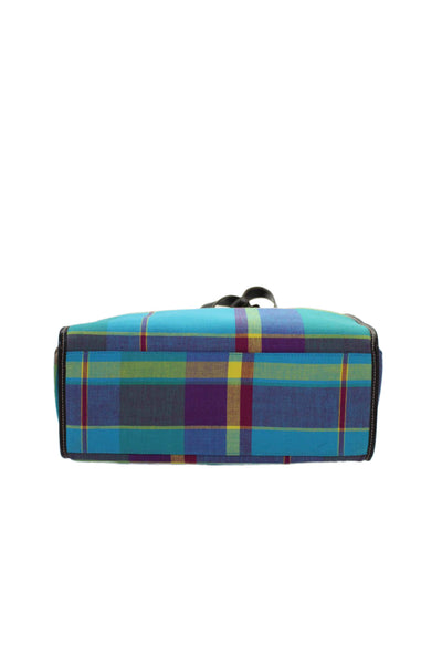Lauren by Ralph Lauren Womens Double Handle Canvas Plaid Tote Handbag Blue Multi