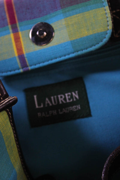 Lauren by Ralph Lauren Womens Double Handle Canvas Plaid Tote Handbag Blue Multi