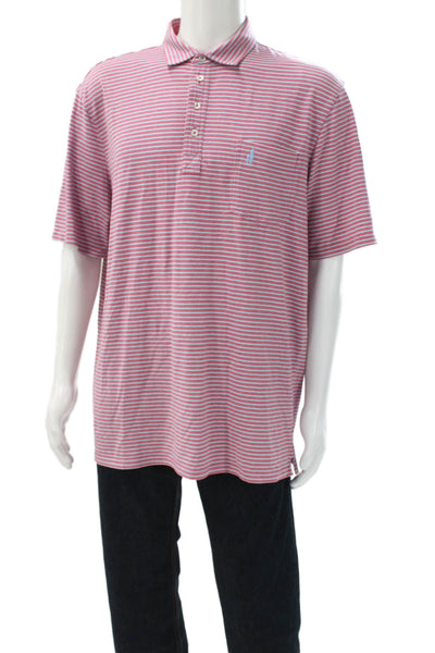 Johnnie-o Mens Short Sleeve Collared Striped Polo Shirt Pink Blue Cotton Size XL