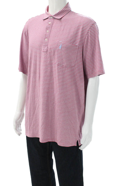 Johnnie-o Mens Short Sleeve Collared Striped Polo Shirt Pink Blue Cotton Size XL