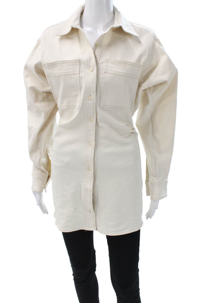 Zara Women Tunic Button-Up Denim Jacket Beige Collared Long Sleeve Size S