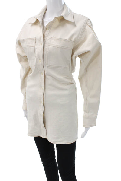 Zara Women Tunic Button-Up Denim Jacket Beige Collared Long Sleeve Size S