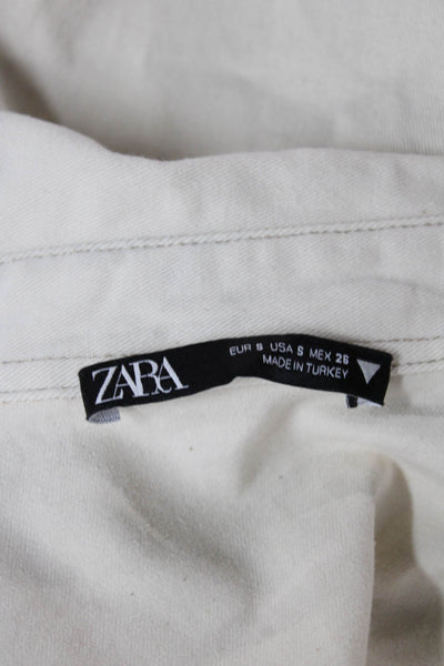 Zara Women Tunic Button-Up Denim Jacket Beige Collared Long Sleeve Size S