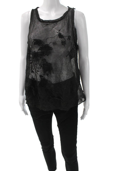 Zara Women Black Floral Sleeveless Tank Nylon Blend Round Neck Gothic Size M
