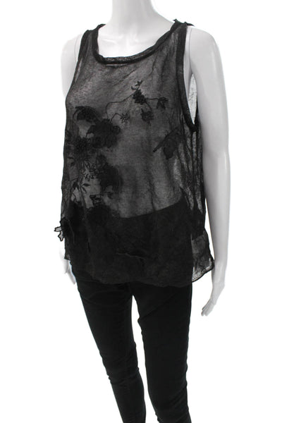 Zara Women Black Floral Sleeveless Tank Nylon Blend Round Neck Gothic Size M