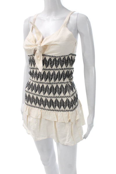 Shona Joy Women Sundress Sleeveless Beige Geometric Linen Blend Tie Size 2