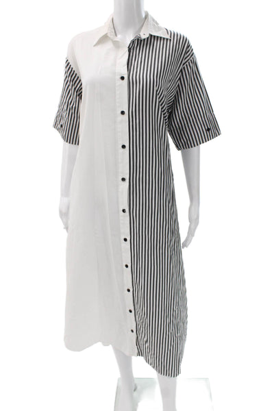 Tome Womens Black Striped Collared Shirt Dress Short Sleeve Long Size M