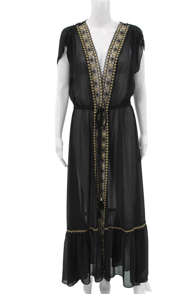 Ramy Brook Womens Kaftan Maxi Dress Black V Neck Drawstring Size L