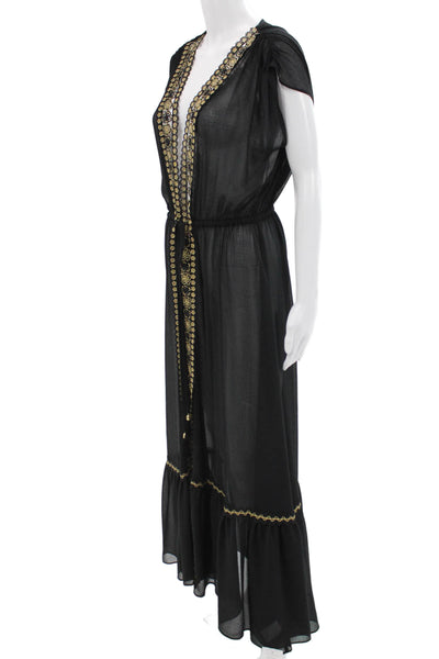 Ramy Brook Womens Kaftan Maxi Dress Black V Neck Drawstring Size L