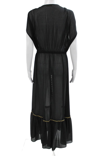 Ramy Brook Womens Kaftan Maxi Dress Black V Neck Drawstring Size L
