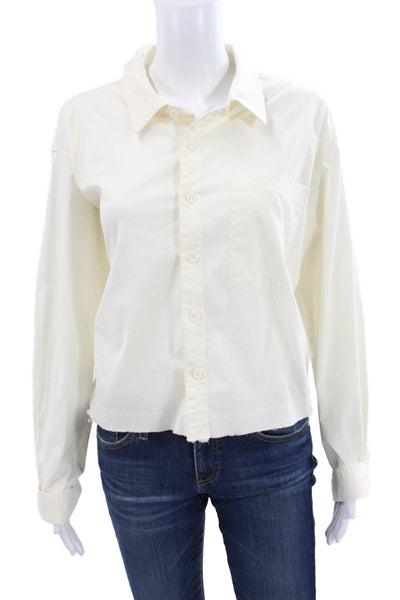 Monrow Women Cropped Collared Button Up Top White Cotton Long Sleeve Size L