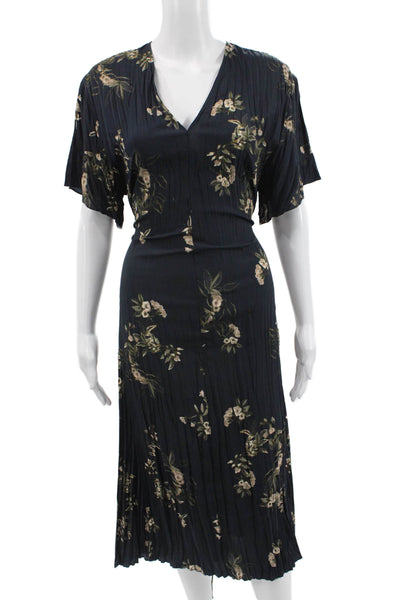 Vince Women Blouson Wrap Dress Dark Blue Floral V Neck Short Sleeve Size S