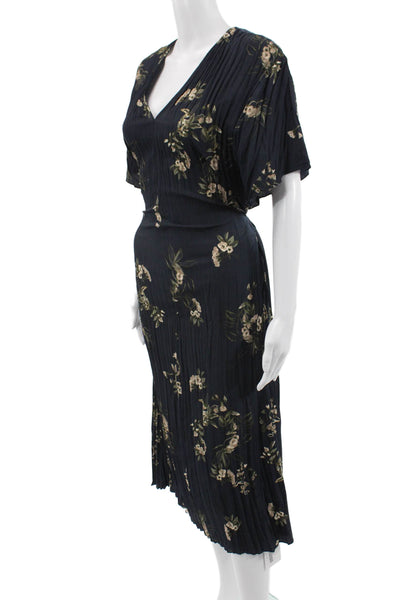 Vince Women Blouson Wrap Dress Dark Blue Floral V Neck Short Sleeve Size S