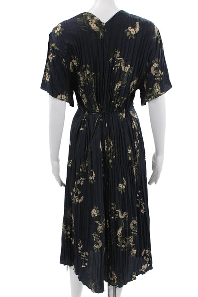 Vince Women Blouson Wrap Dress Dark Blue Floral V Neck Short Sleeve Size S