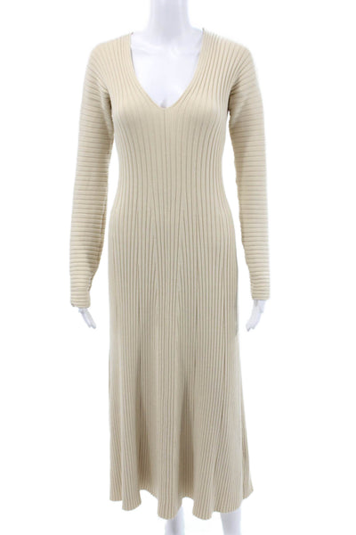 AMUR Womens Sweater Maxi Dress Beige V Neck Long Sleeve Striped Size M