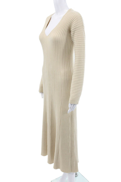 AMUR Womens Sweater Maxi Dress Beige V Neck Long Sleeve Striped Size M