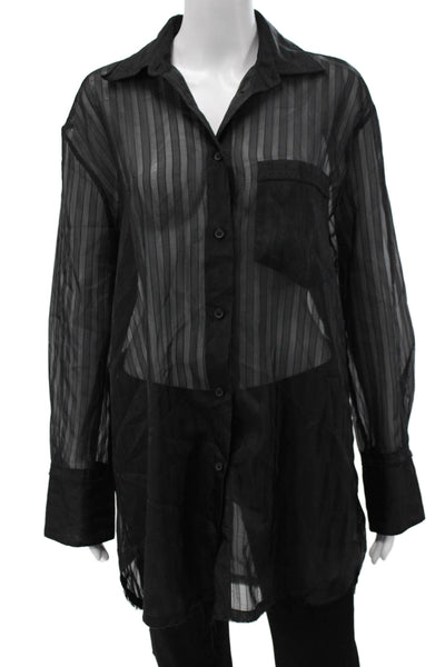 Zara Women Striped Black Collared Button-Up Blouse Long Sleeve Gothic Size M