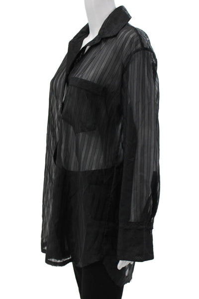 Zara Women Striped Black Collared Button-Up Blouse Long Sleeve Gothic Size M