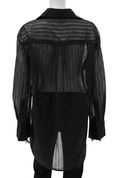 Zara Women Striped Black Collared Button-Up Blouse Long Sleeve Gothic Size M