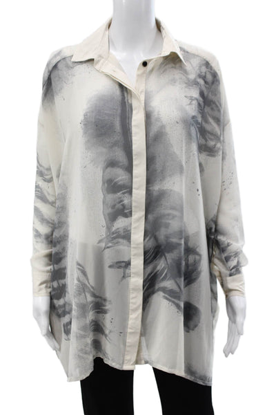 Religion Women Tunic Collared Long Sleeve Button Up Beige Graphic Print Size XS